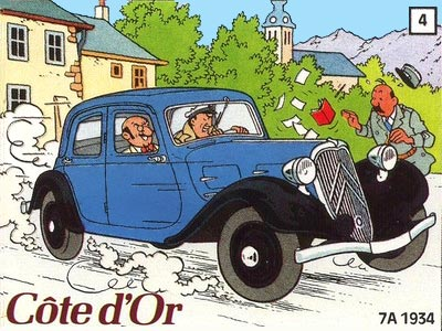 Publicidad de Hergé con Rastapopoulos en un Citroen Traction